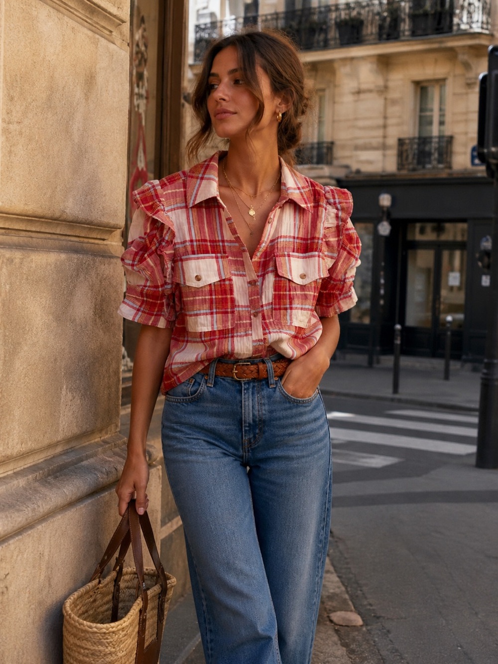 Pilcro Anthropologie Plaid Ruffle Sleeve Button Down Top S | Sezane Style Cotton